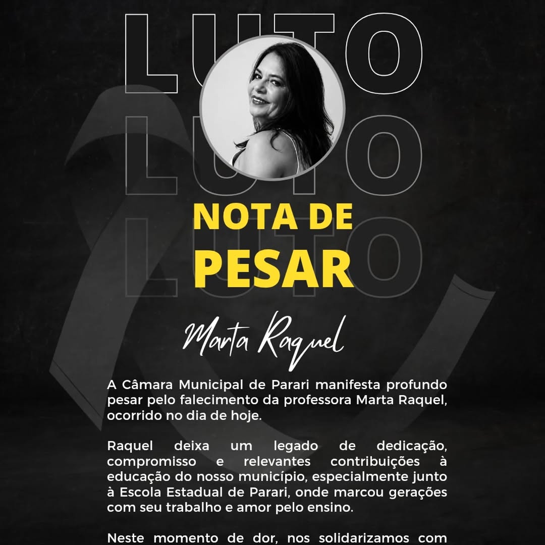 Câmara de Parari lamenta falecimento da professora Raquel Xavier, educadora exemplar