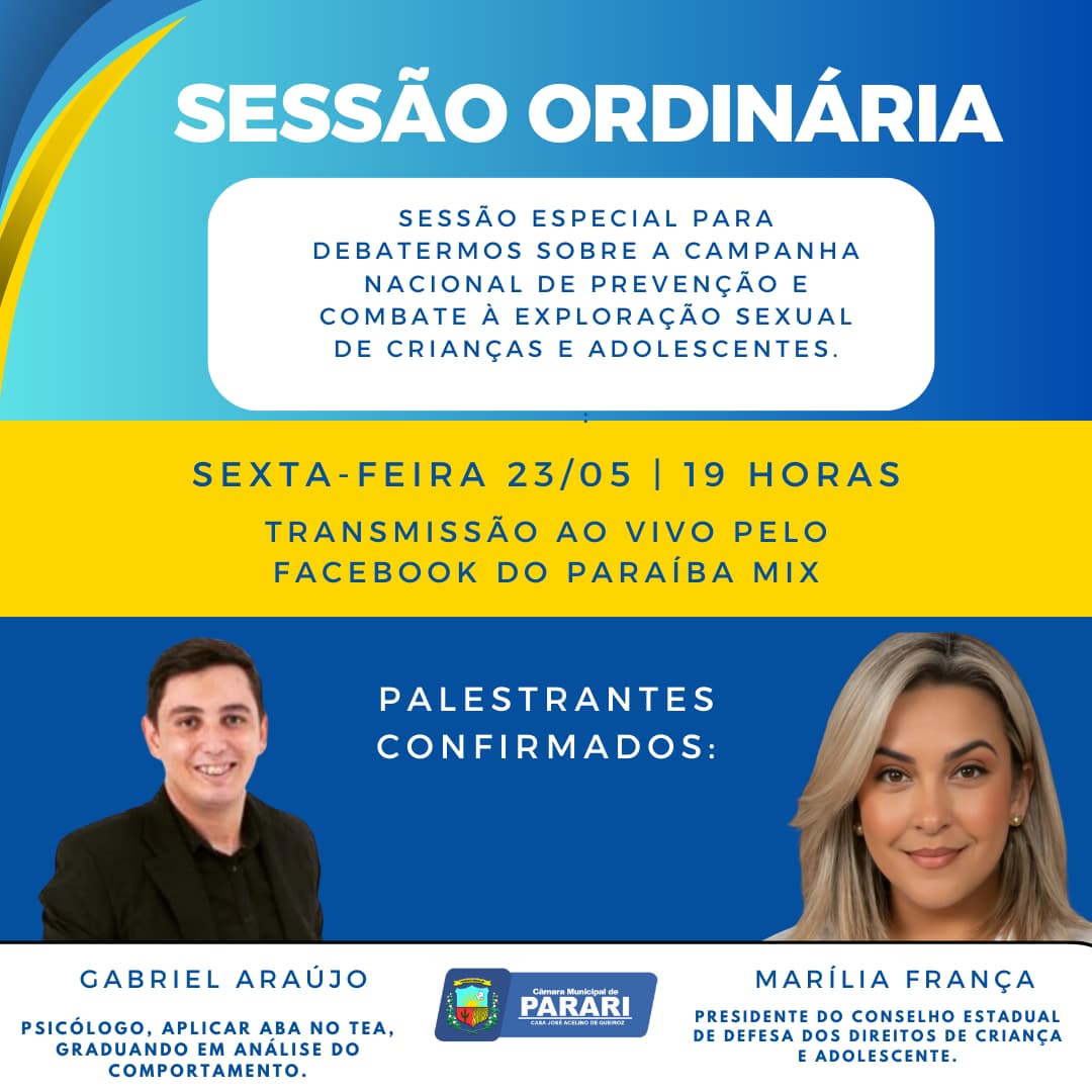 Nesta sexta-feira, 23 de maio, às 19h, a Câmara Municipal de Parari realizará mais uma importante sessão aberta à população!