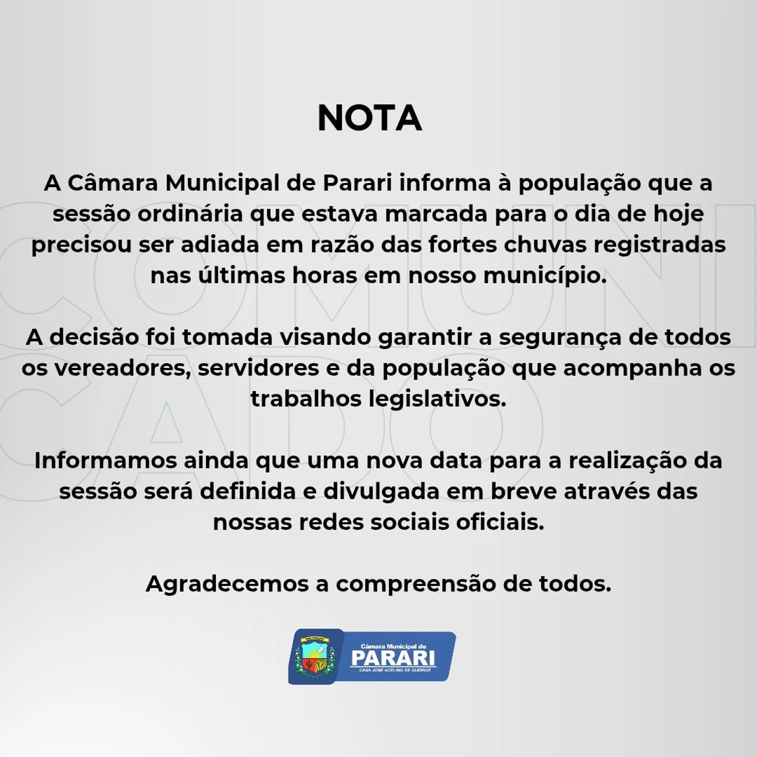 Sessão da Câmara de Parari adiada por chuvas; nova data em breve